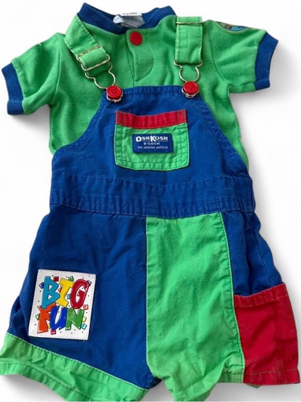 VINTAGE 90s OshKosh “Big Fun” Colorblock Shortall Set – Made in USA – 6-9mos